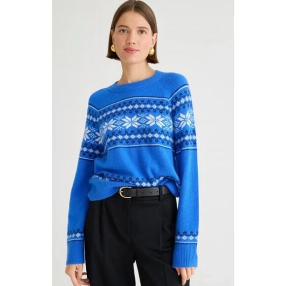 J. Crew Fair Isle Crewneck Sweater Supersoft Yarn Blue Wool Blend Women's L - Picture 1 of 12
